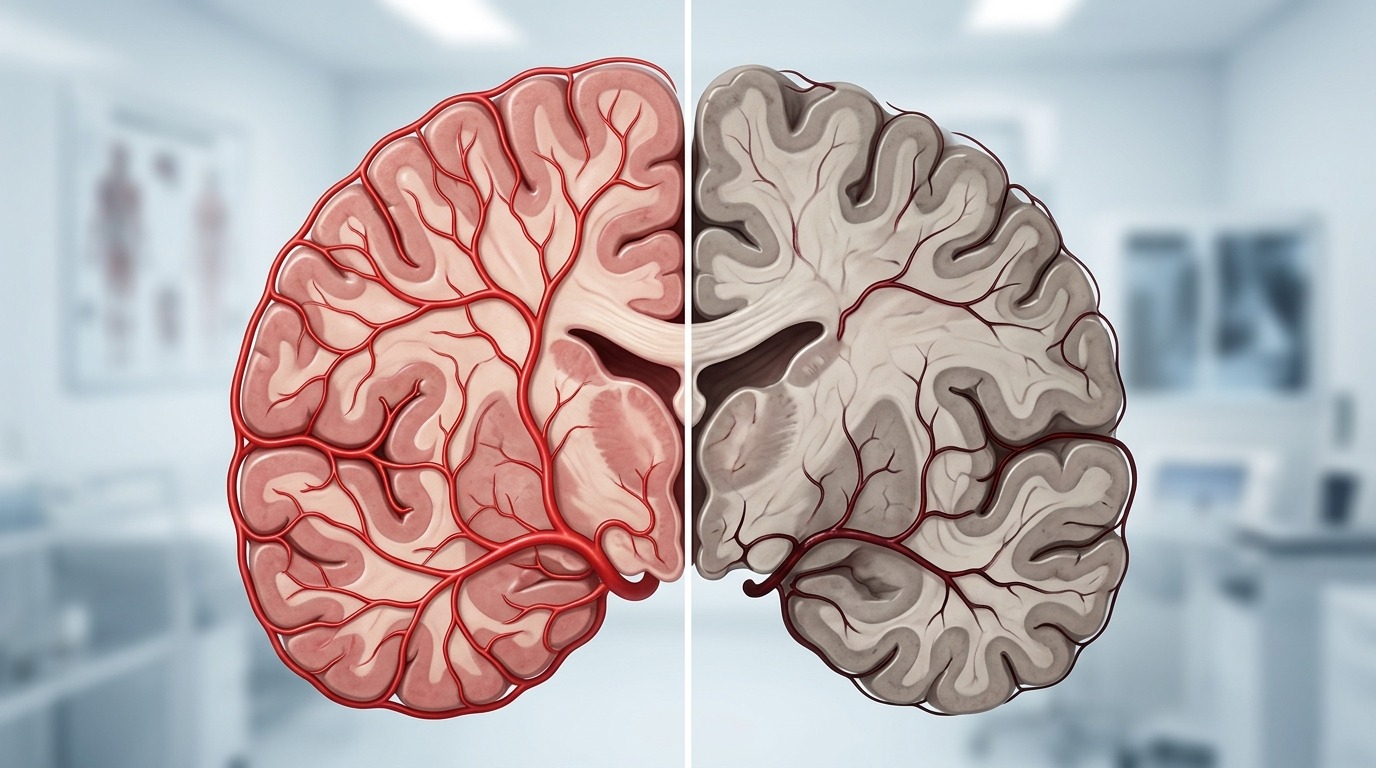 Схематическое сравнение нормального кровотока в мозге и сниженного