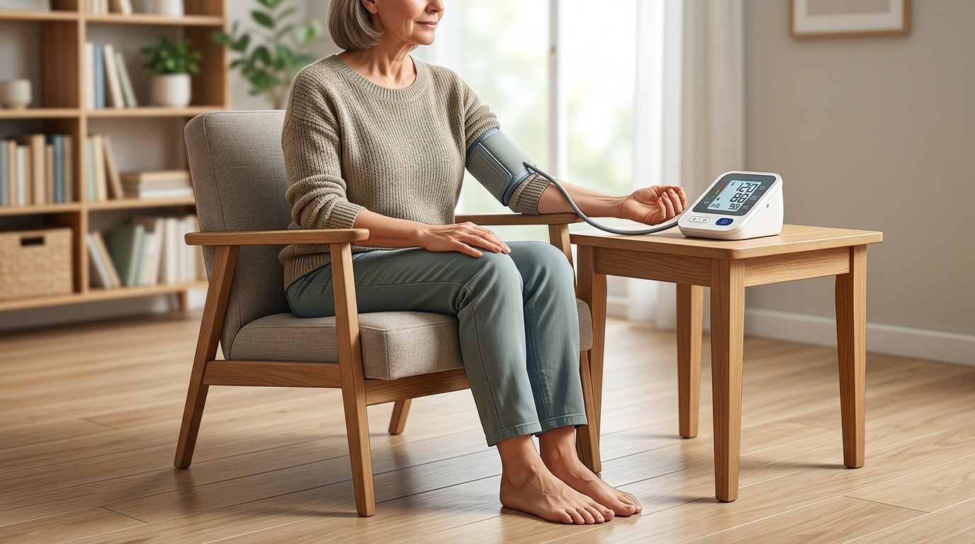 При измерении давления ноги должны стоять ровно на полу, без скрещивания. Фото.