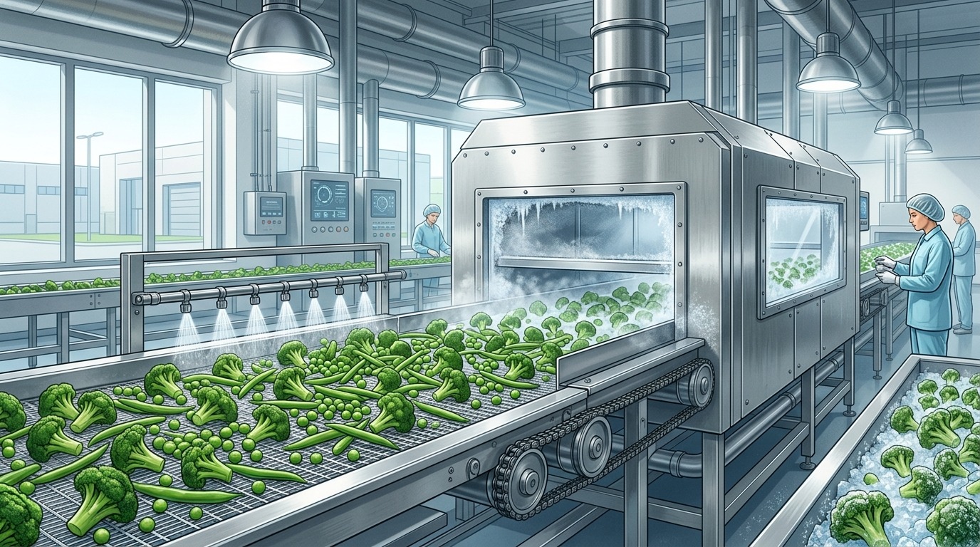 Быстрая заморозка овощей на производстве сохраняет максимум питательных веществ. Фото.