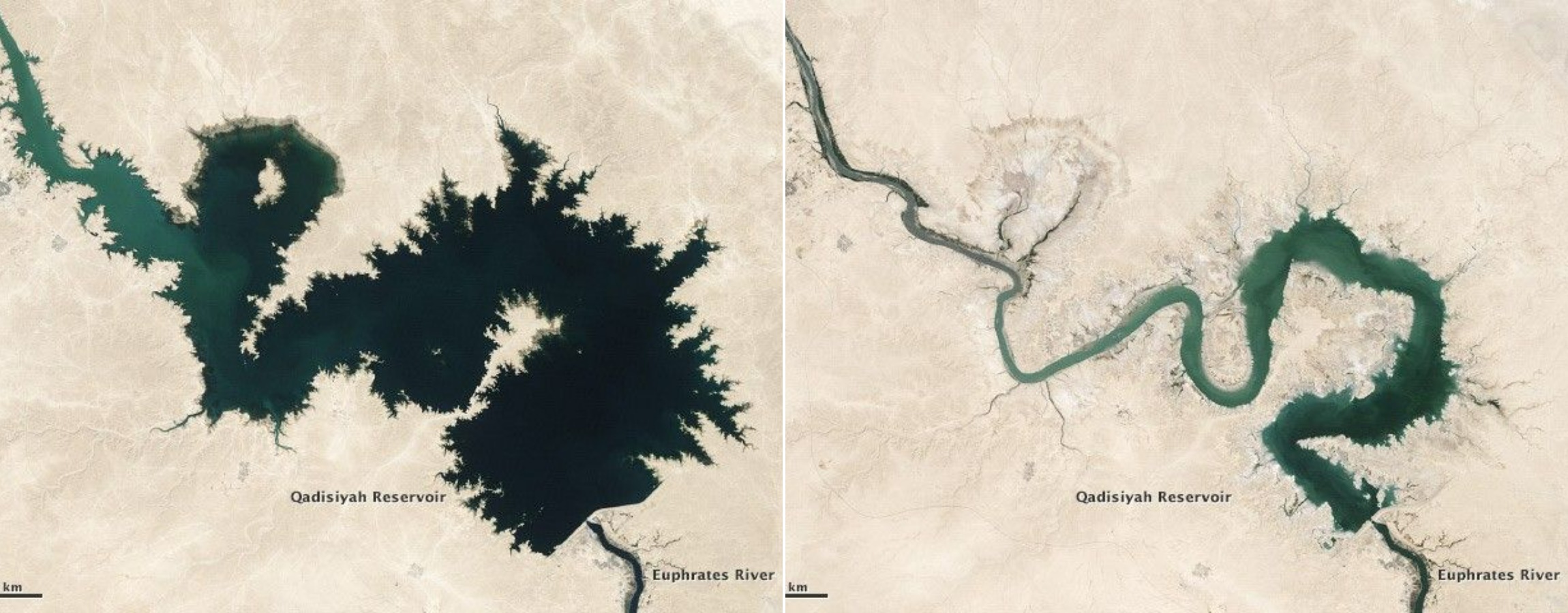 Два снимка были сделаны спутником Landsat 5 в период с 7 сентября 2006 года по 15 сентября 2009 года и показывают, как уменьшался объем водохранилища Кадисия на реке Евфрат. Фото.