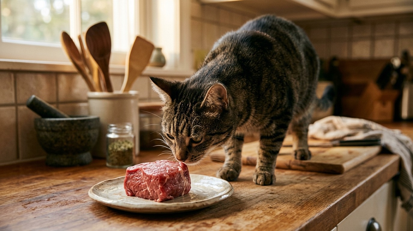 Кошка обнюхивает мясо — обоняние для неё важнее вкуса при выборе еды