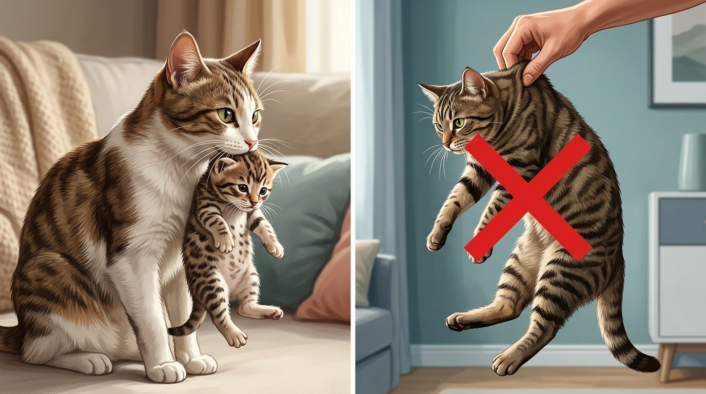 Переносить за холку можно только маленьких котят — для взрослых кошек это болезненно. Фото.