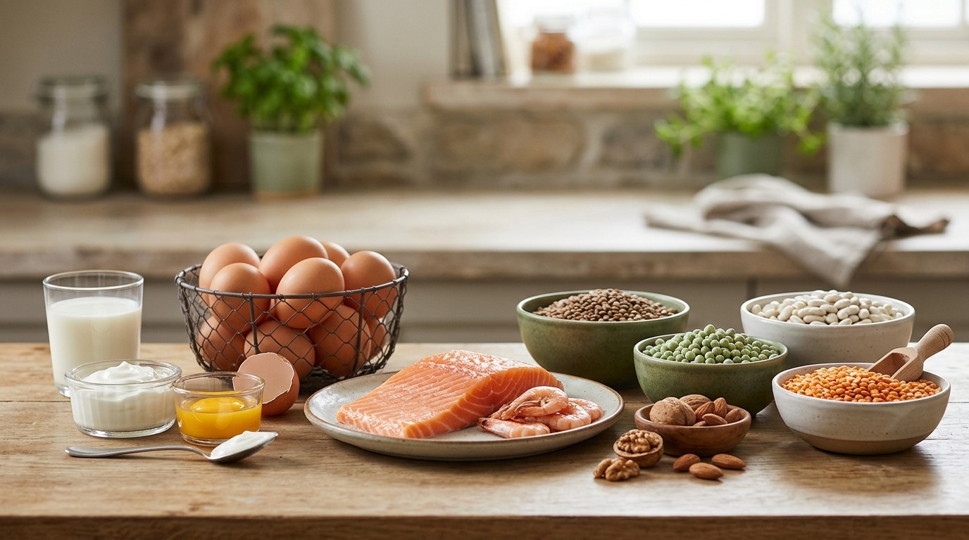 Продукты, богатые белком: рыба, яйца, молочные продукты и бобовые
