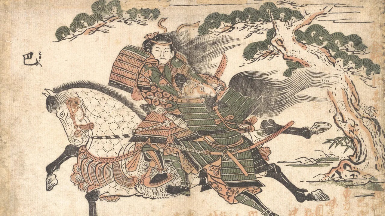 На картине 1750 года изображена Томоэ Годзэн, женщина-самурай, жившая в XII веке, убивающая врага. Фото.