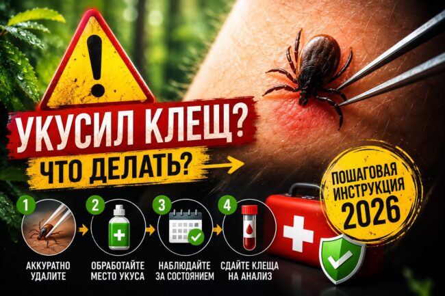 Что делать, если укусил клещ: пошаговая инструкция 2026. Фото.