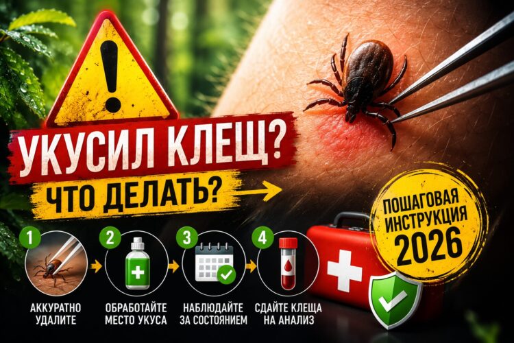 Что делать, если укусил клещ: пошаговая инструкция 2026. Фото.