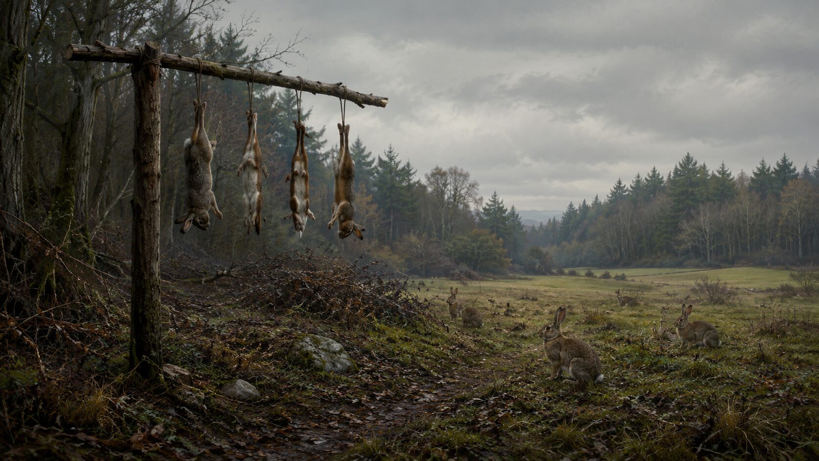 Так называемый «гиббет егеря» — убитых животных вешали, чтобы отпугнуть остальных. Фото.