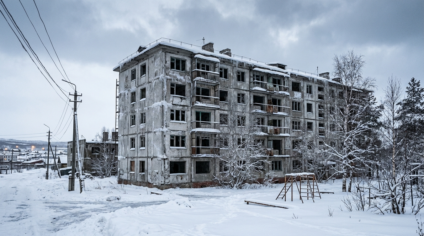 snowy abandoned panel building in a cold northern town during winter