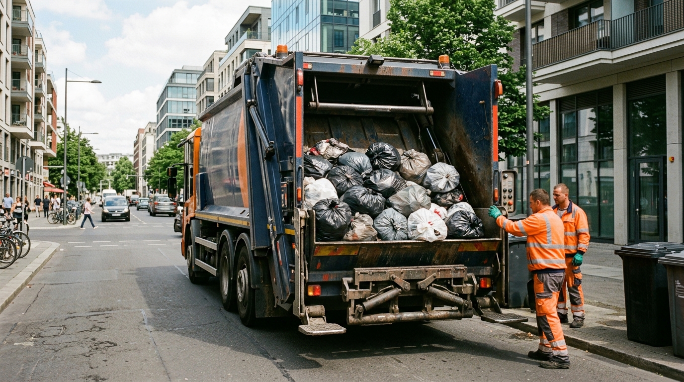 a garbage truck compressing dozens of trash bags on a modern city street