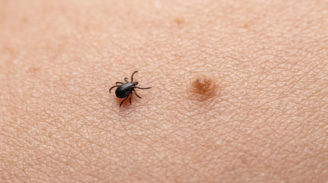 macro photography comparing a 1 millimeter tick nymph to a tiny freckle on human skin