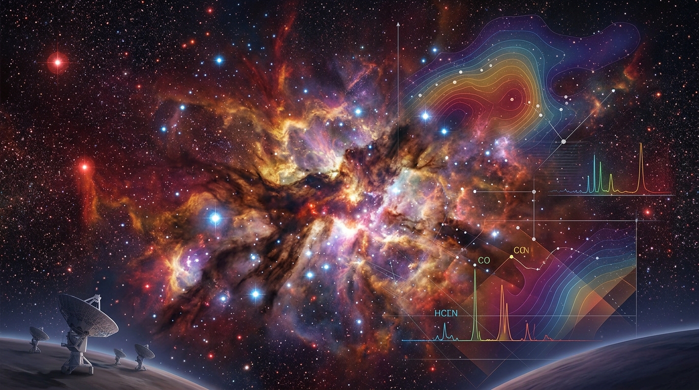 vast colorful molecular cloud near the center of the Milky Way with glowing dust and radio telescope data overlay, realistic scientific illustration