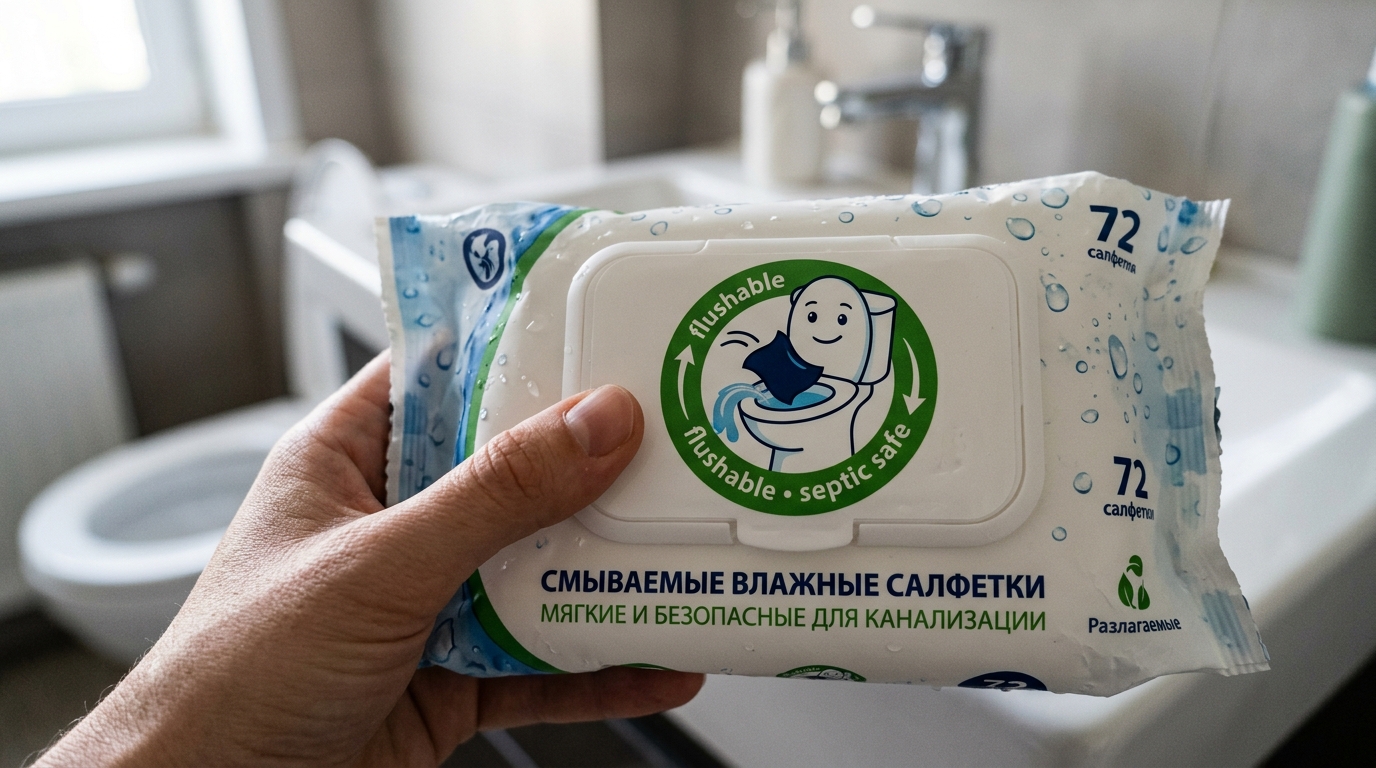 Маркировка «можно смывать» означает лишь то, что салфетка пройдет через унитаз, но она не растворится в трубах