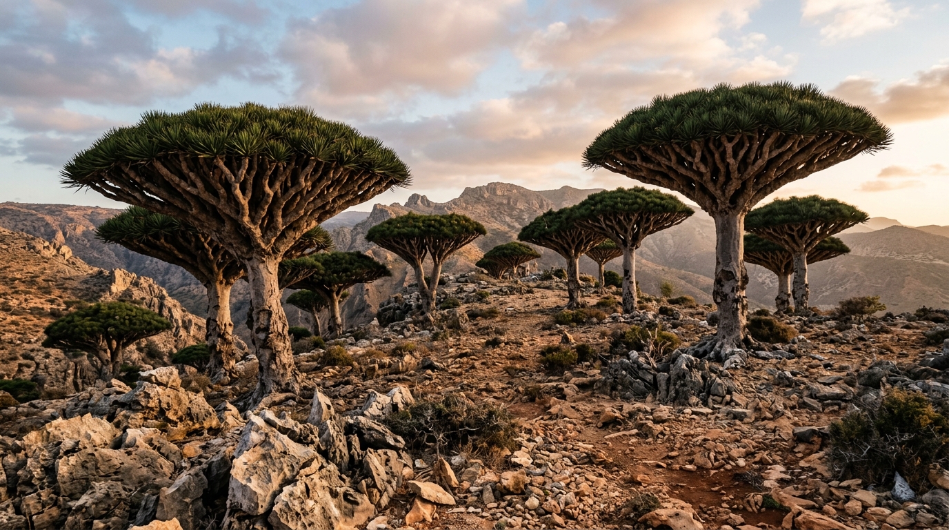 bizarre dragon blood trees with umbrella shaped canopies growing on a rocky desert landscape in Socotra