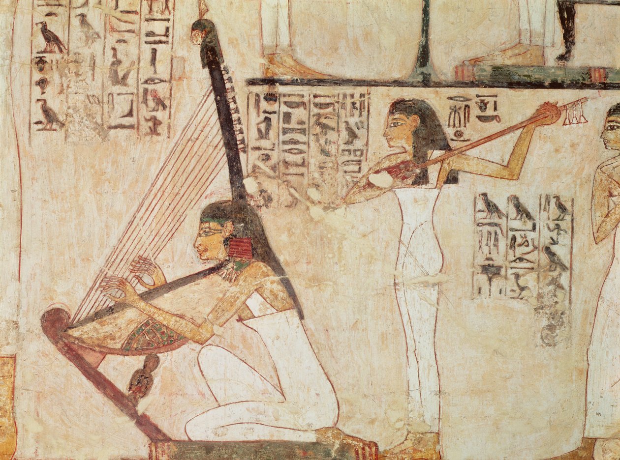 Две музыкантки с лютней и арфой из гробницы Рехмайра. Около 1550–1292 гг. до н.э. Фото.