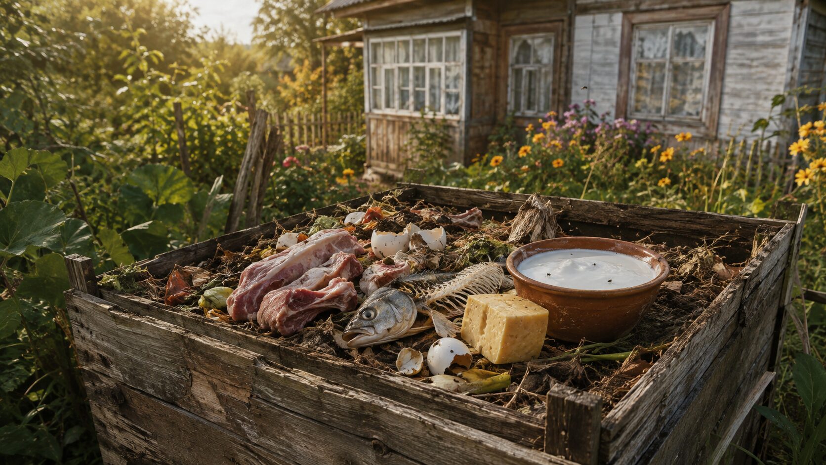 Мясо, кости и молочка компосту не друзья — от них больше запаха и проблем, чем пользы. Фото.