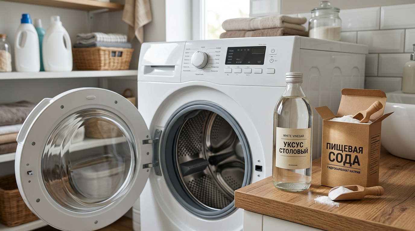 White vinegar and baking soda placed next to an open washing machine