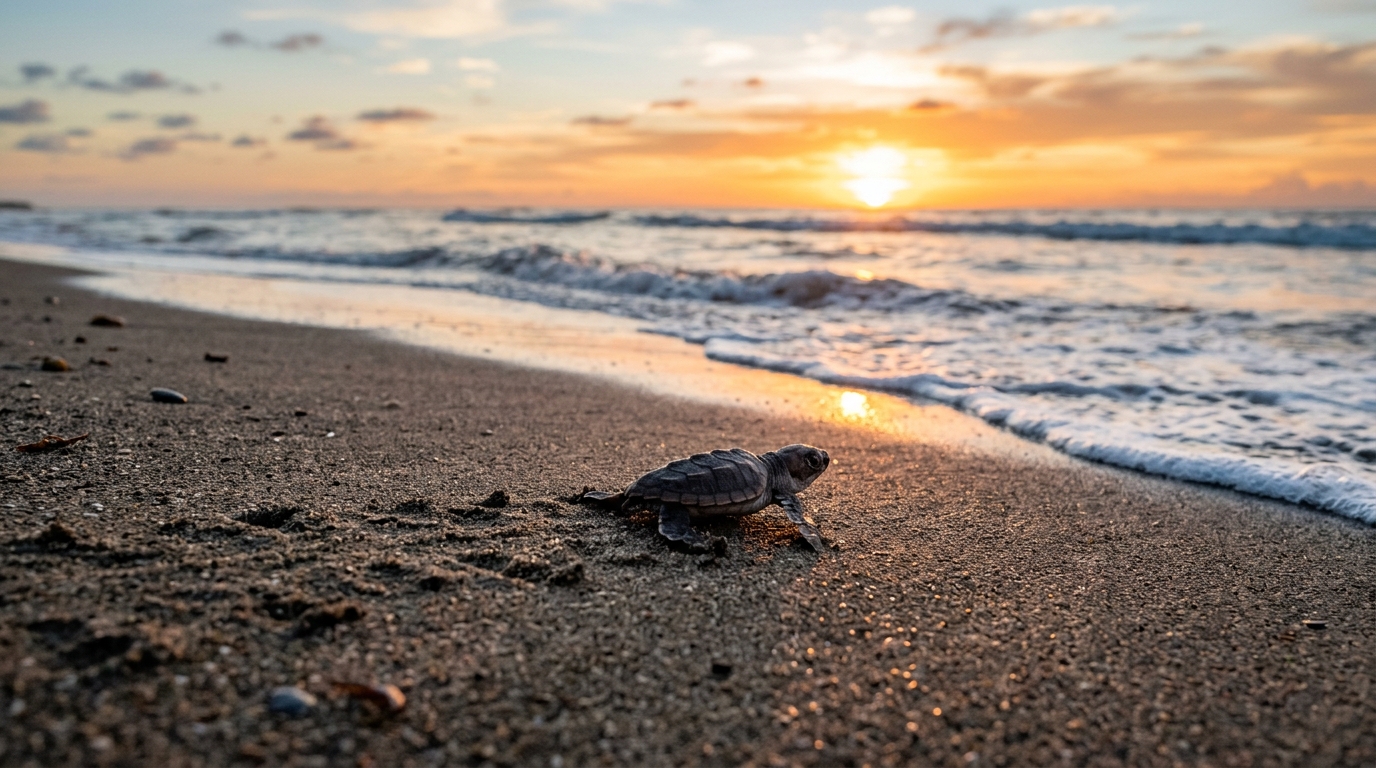 a tiny sea turtle hatchling crawling across sand toward the ocean at sunset