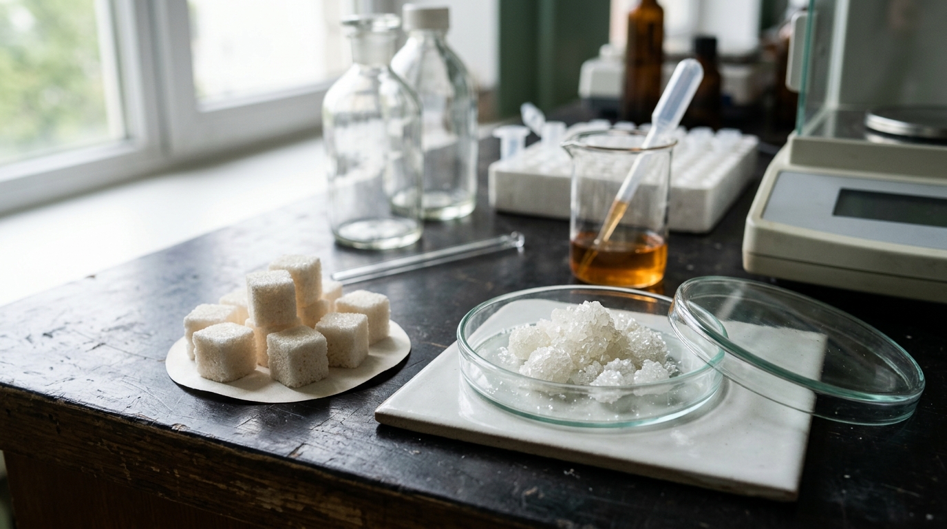 sugar cubes and glucose crystals on a lab table next to a petri dish, editorial style