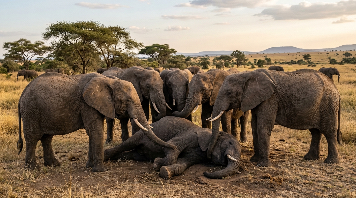 a herd of elephants gathering around a fallen elephant, displaying protective and examining behaviors in the wild