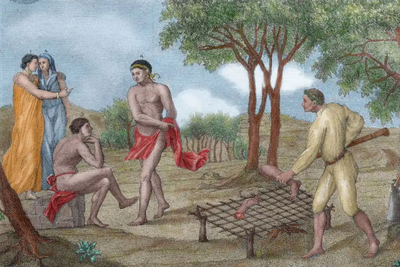 Итальянская гравюра 1781 года под названием «Индейцы майпуре, жители верховьев реки Ориноко, жарят на огне ноги мёртвого врага». Фото.