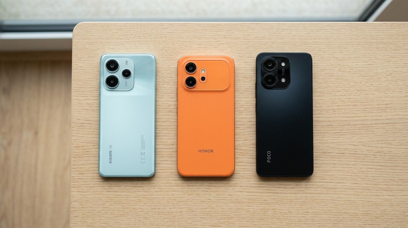 Смартфоны Xiaomi, Honor и Poco на столе
