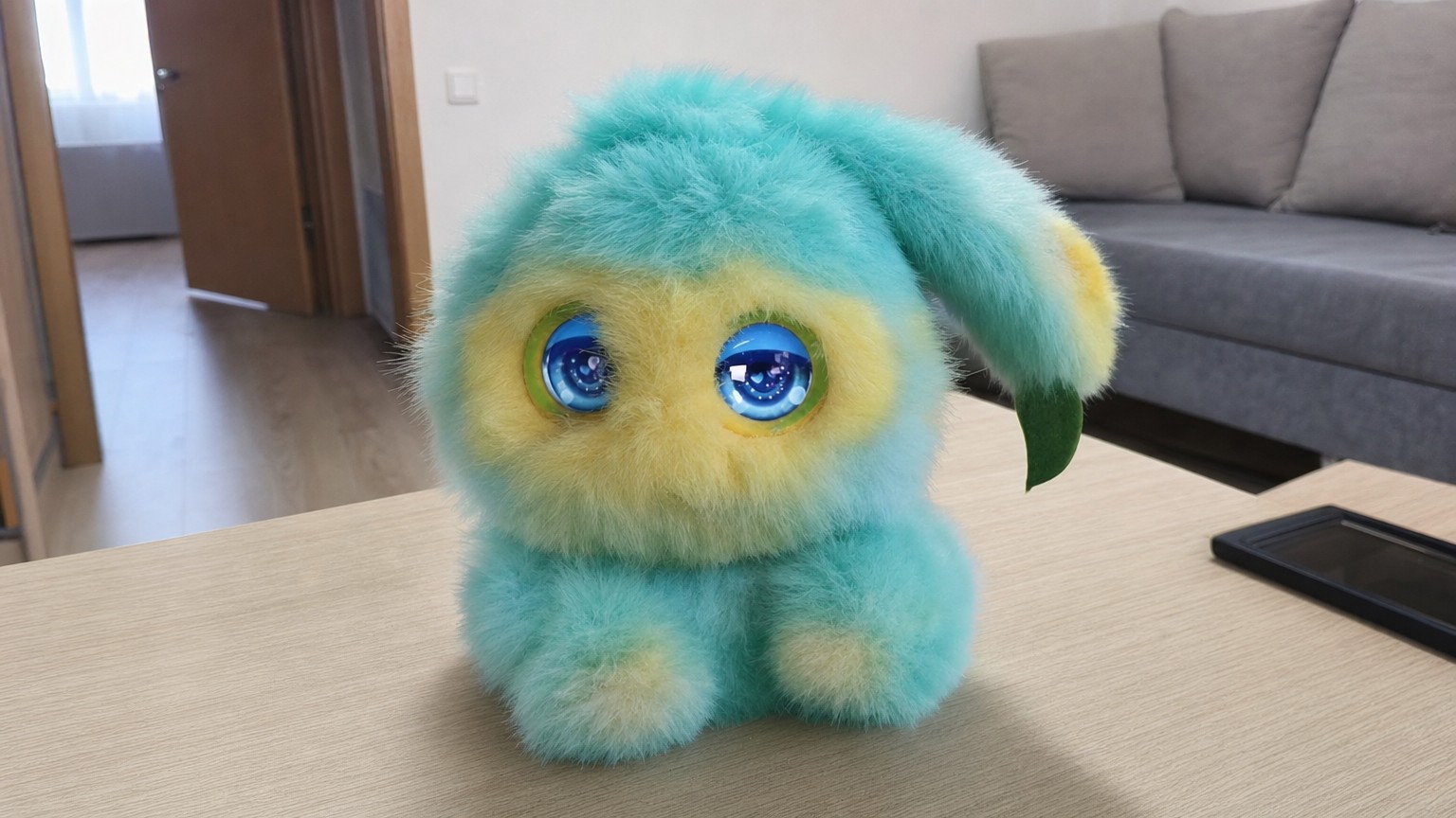 Бирюзово-жёлтая плюшевая игрушка с голубыми глазами на столе. Фото.