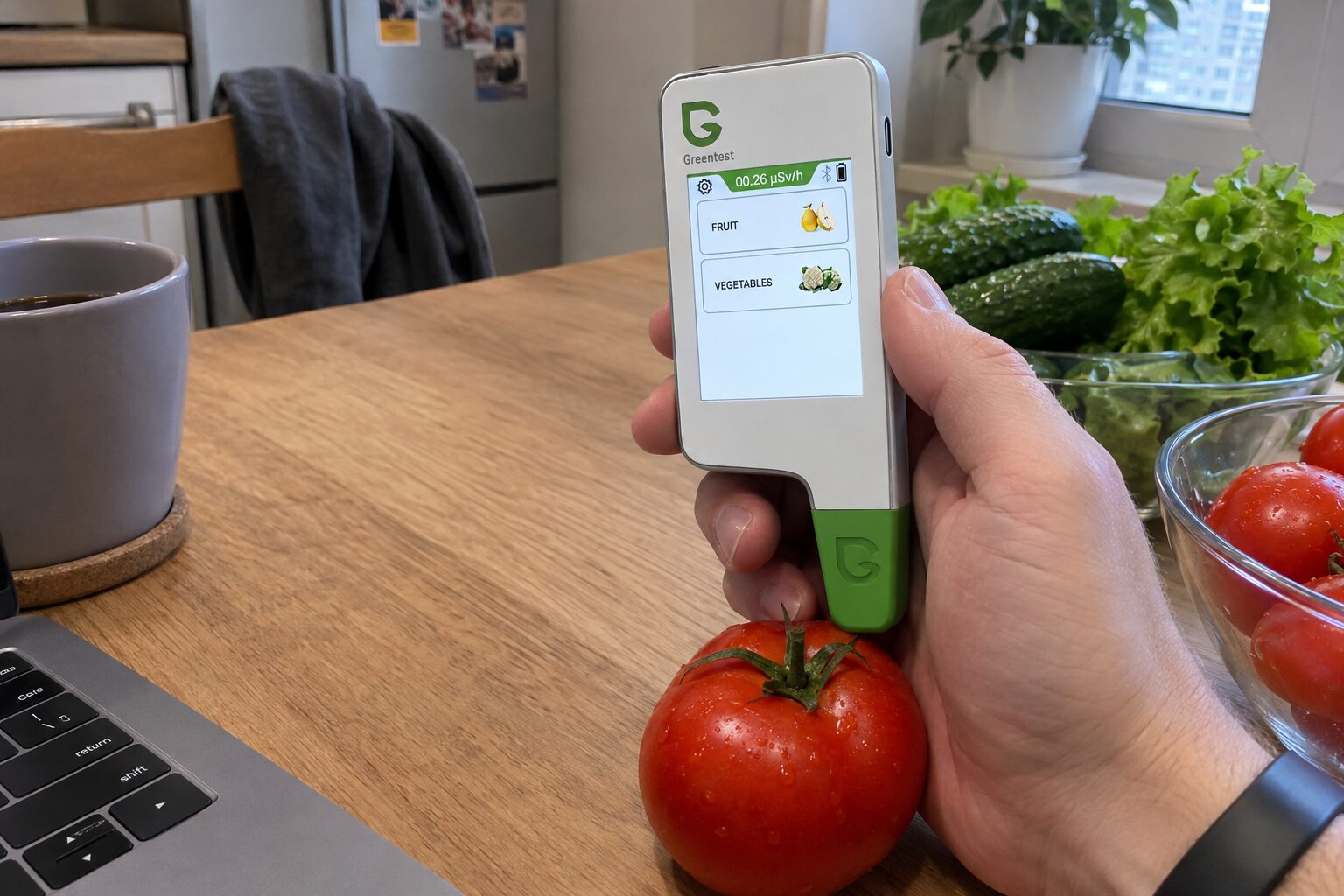 Нитратомер Greentest 2F измеряет помидор на подоконнике. Фото.