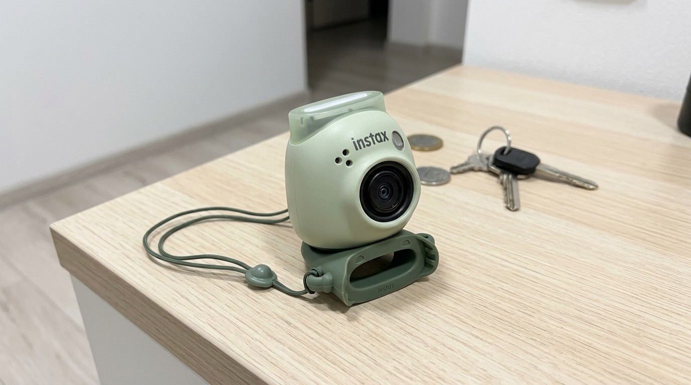 Камера Instax Pal на кольце-подставке рядом с ключами. Фото.