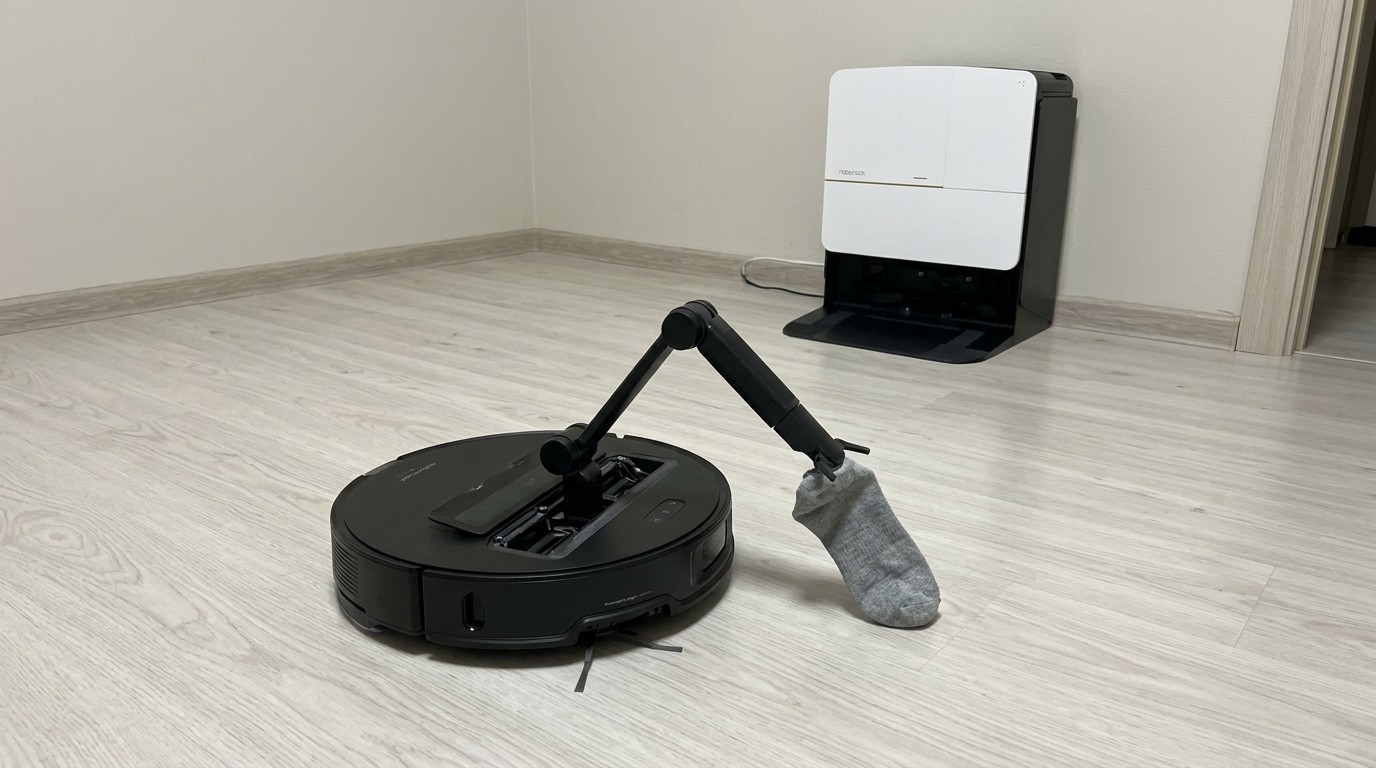 Робот-пылесос Roborock поднимает носок манипулятором. Фото.
