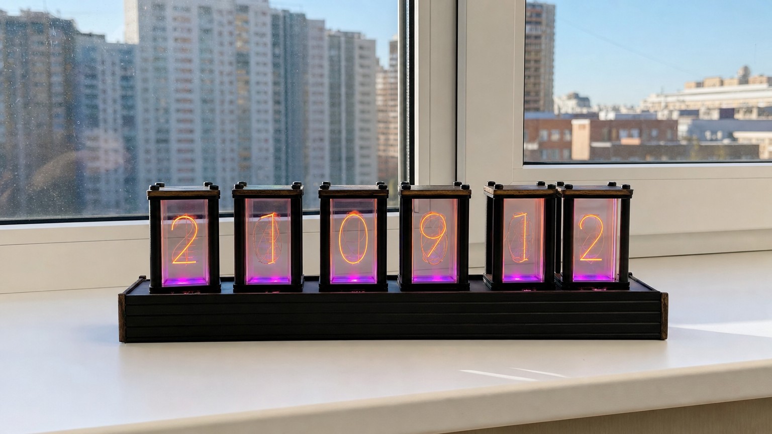 Часы Nixie Glow Tube на подоконнике. Фото.