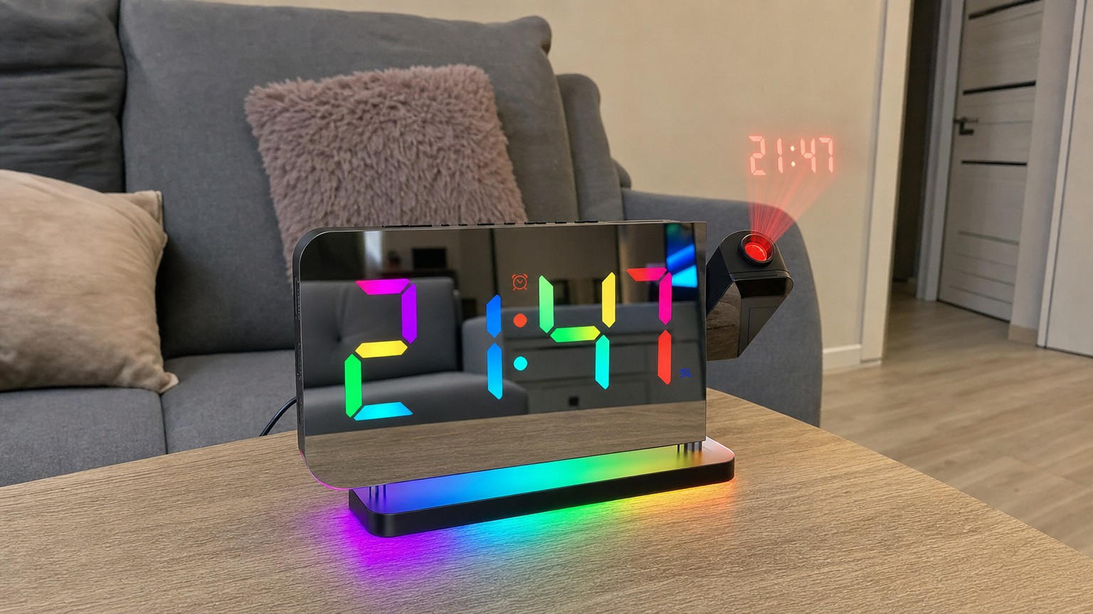 Часы NieNie с RGB-цифрами и красной проекцией времени. Фото.