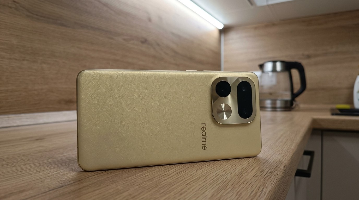 Смартфон Realme золотистого цвета на столешнице