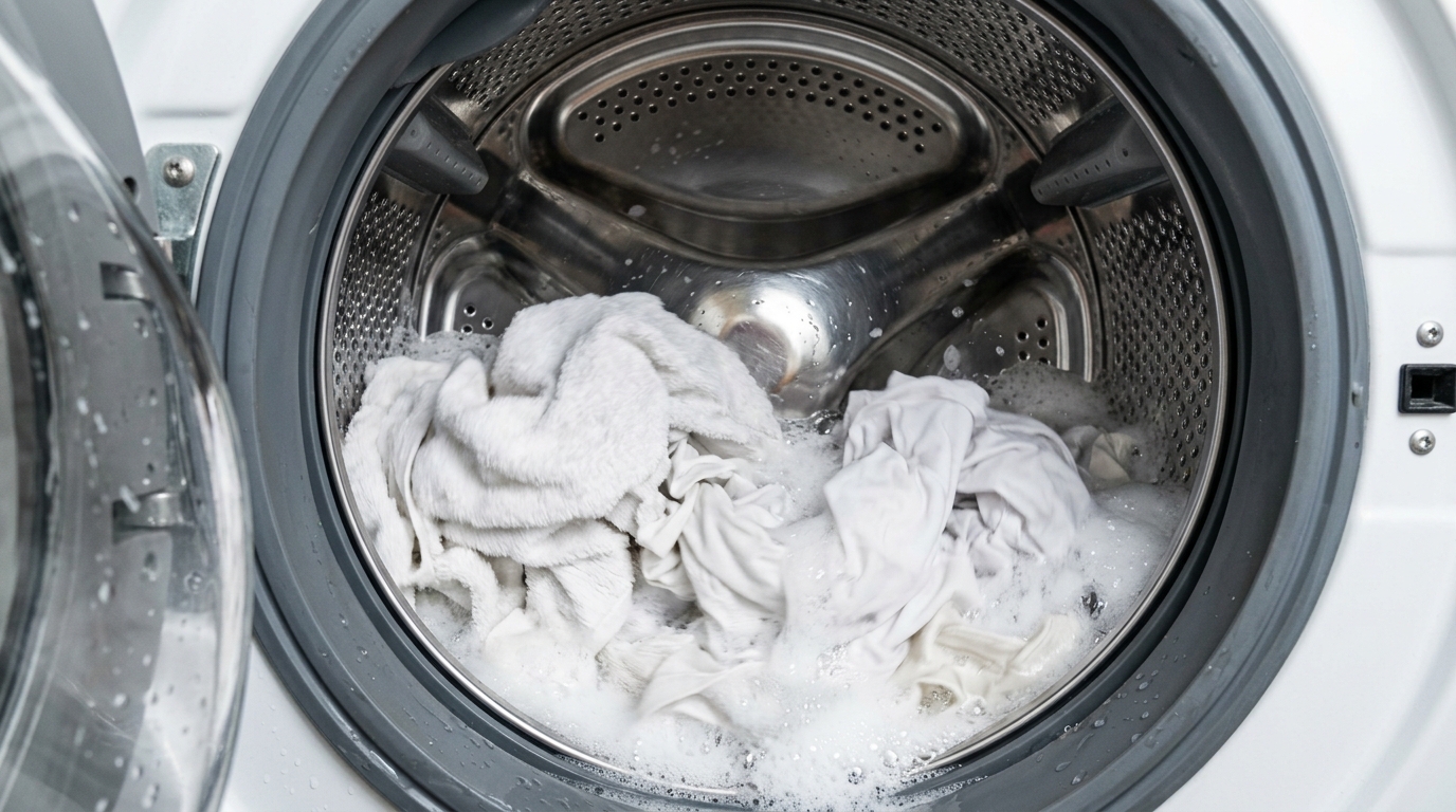 Close-up view of a washing machine drum with white laundry spinning in soapy water