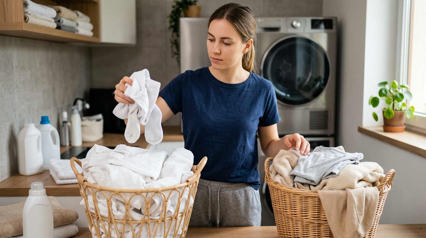 Person sorting laundry into two baskets, separating pure white clothes from light beige and grey items