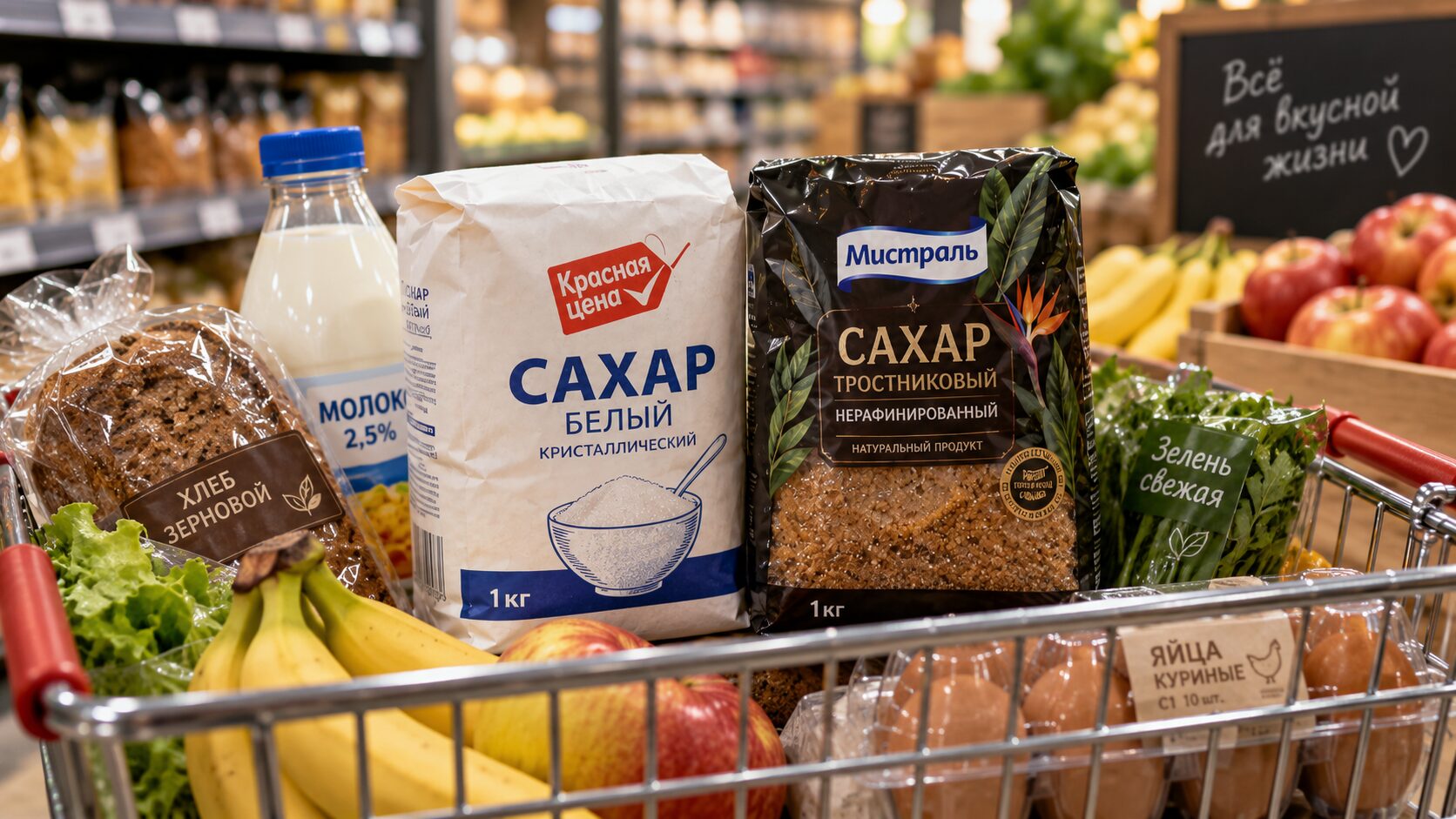 белый и коричневый сахар в тележке с продуктами