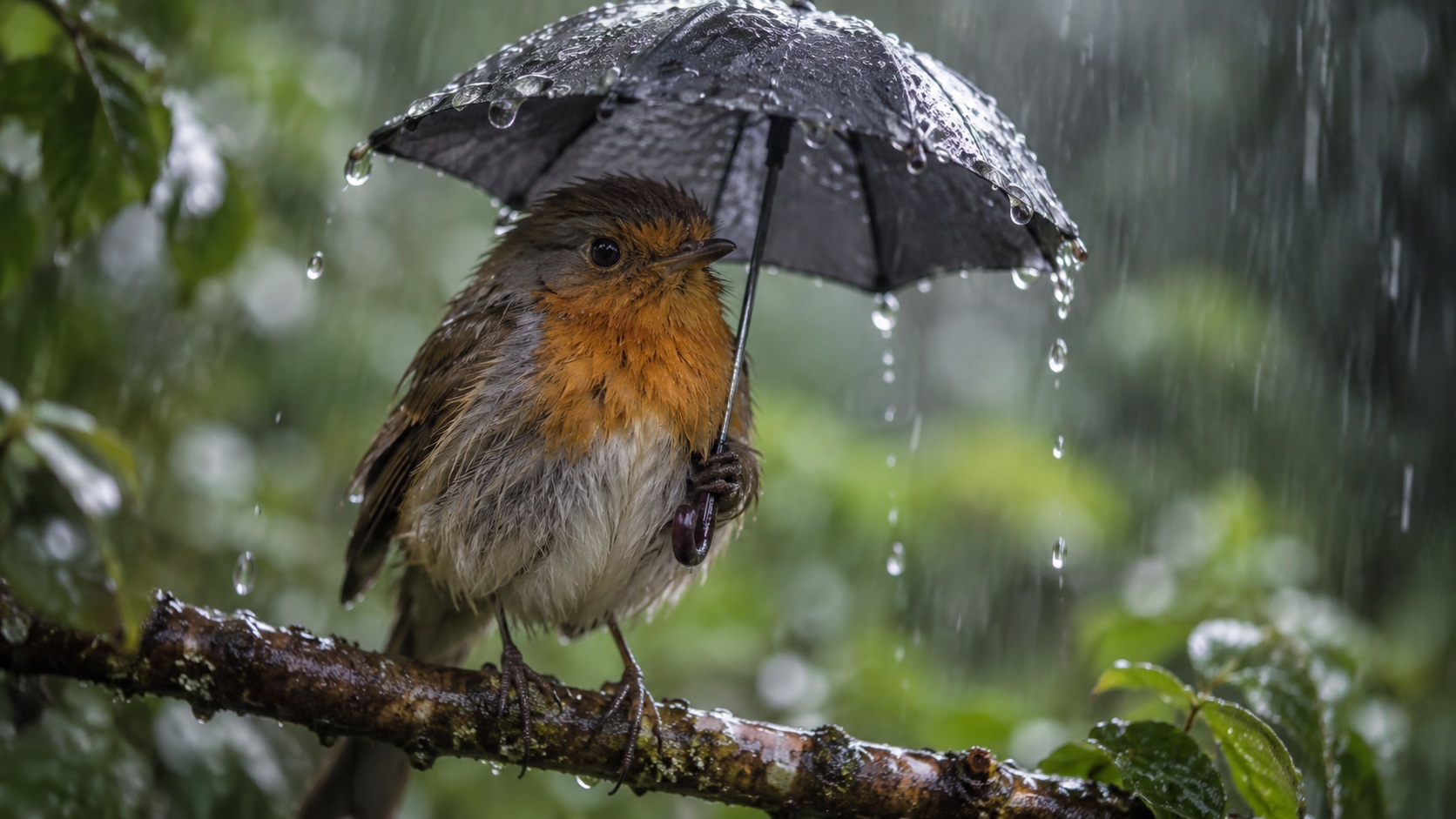 Птица держит зонт под дождем