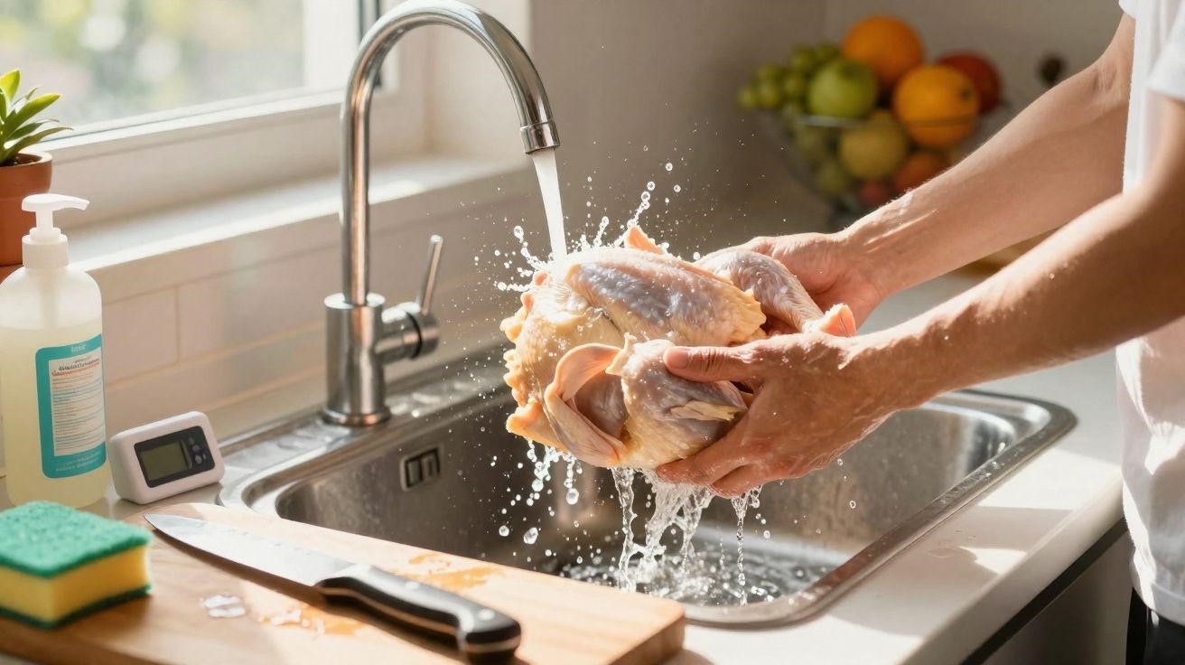 Мытье сырого мяса, курицы, индейки или яиц может привести к распространению микробов на раковину, столешницу и другие поверхности на кухне.