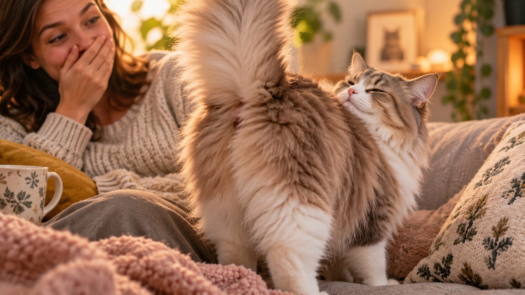Кошка устраивается рядом с хозяйкой