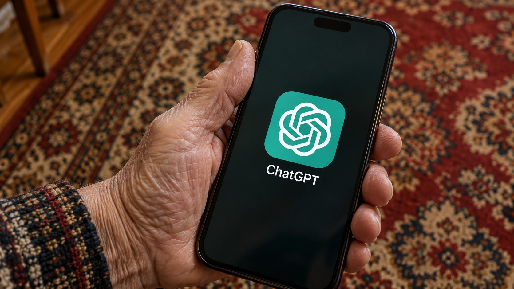 Смартфон с ChatGPT в руке пожилого человека