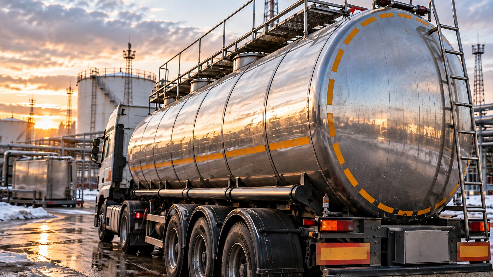 Бензовоз с круглой металлической цистерной на фоне нефтебазы