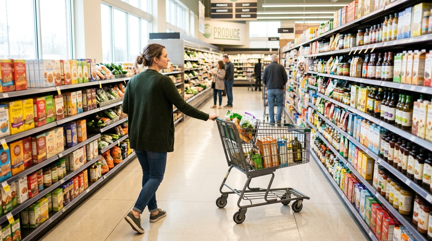 Покупатель с тележкой в продуктовом магазине