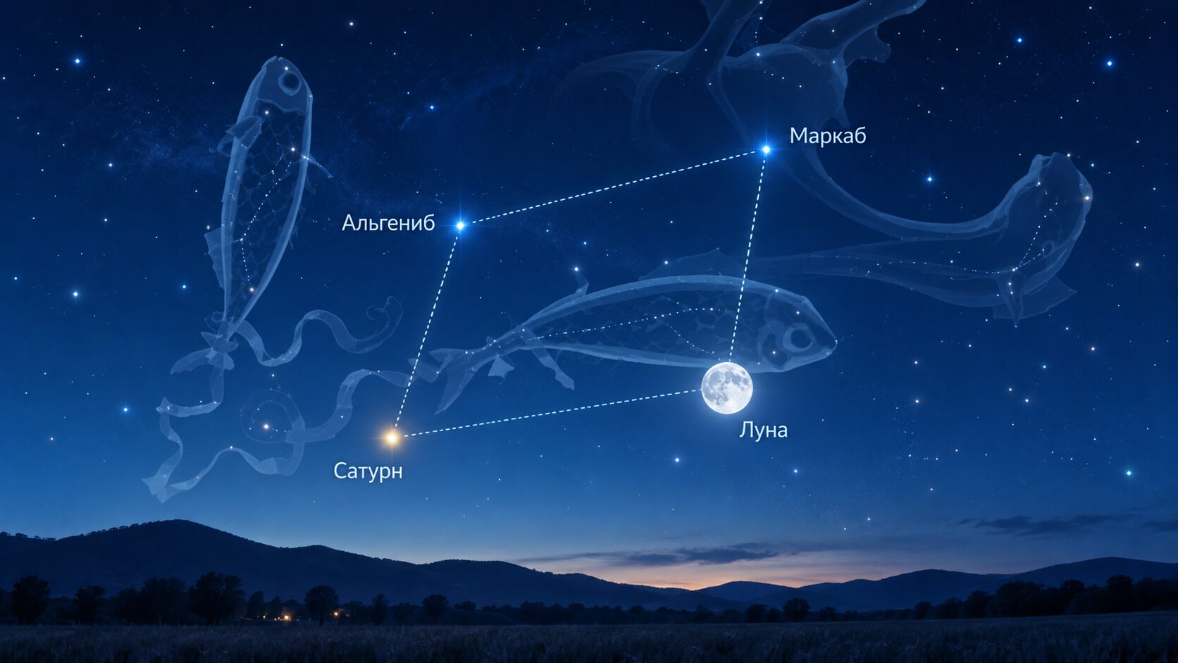 Луна, Сатурн и звёзды образуют ромб на небе. Источник: starwalk.space