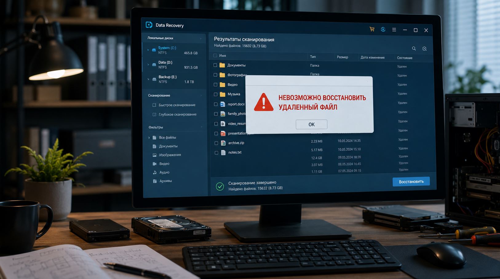 Восстановление данных на Windows возможно, даже если файл окончательно исчез из памяти. Фото.