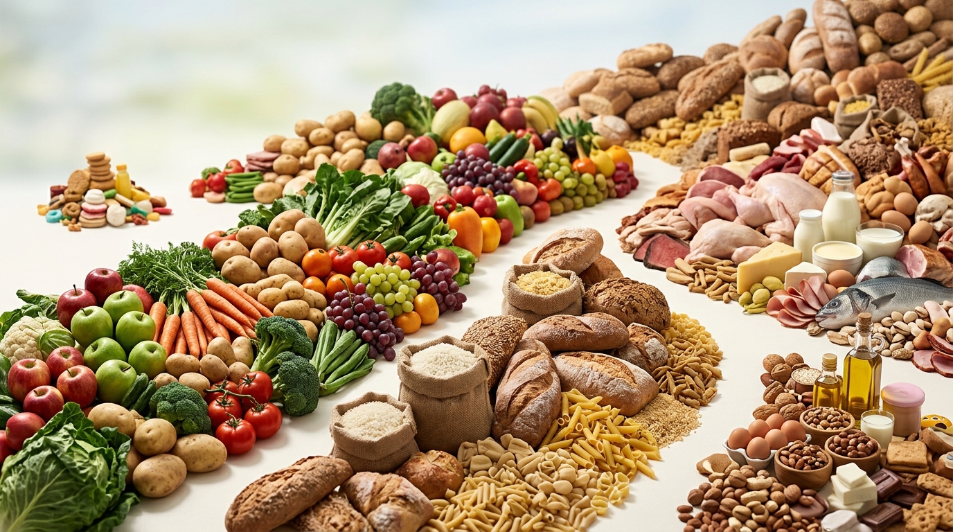 Разнообразные продукты питания: овощи, фрукты, зерновые, мясо и молочные изделия