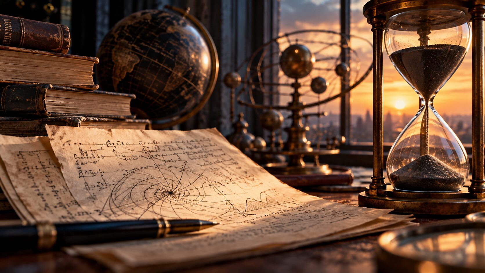 Старые расчёты, глобус и песочные часы на столе исследователя