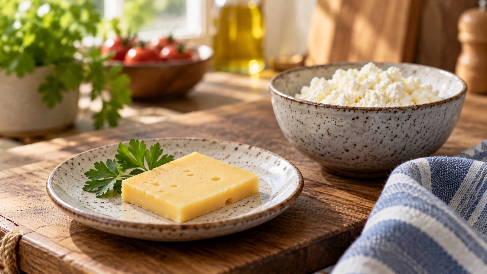 Небольшая порция сыра рядом с миской творога на кухонном столе.