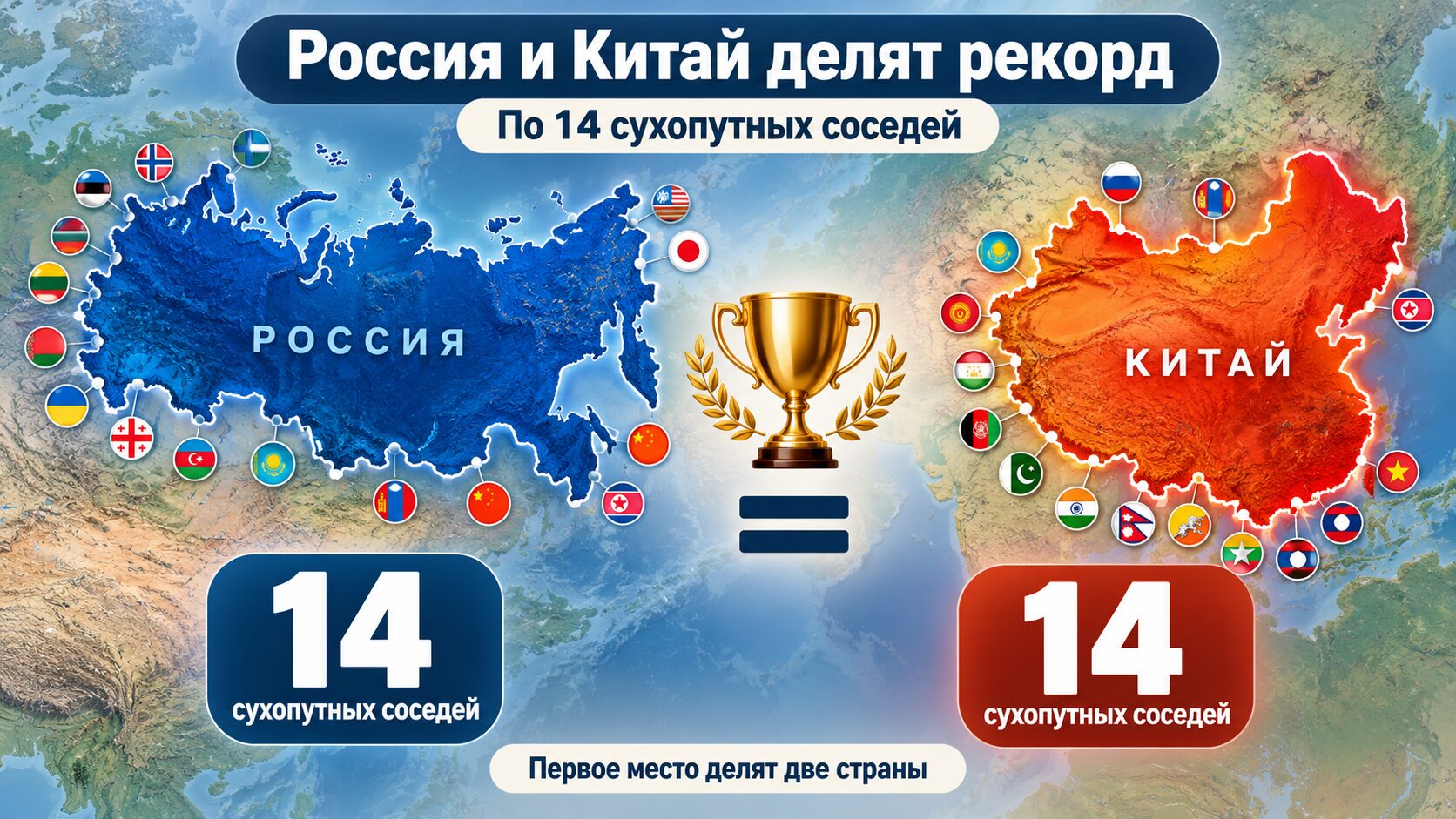 Россия и Китай делят рекорд по числу сухопутных соседей