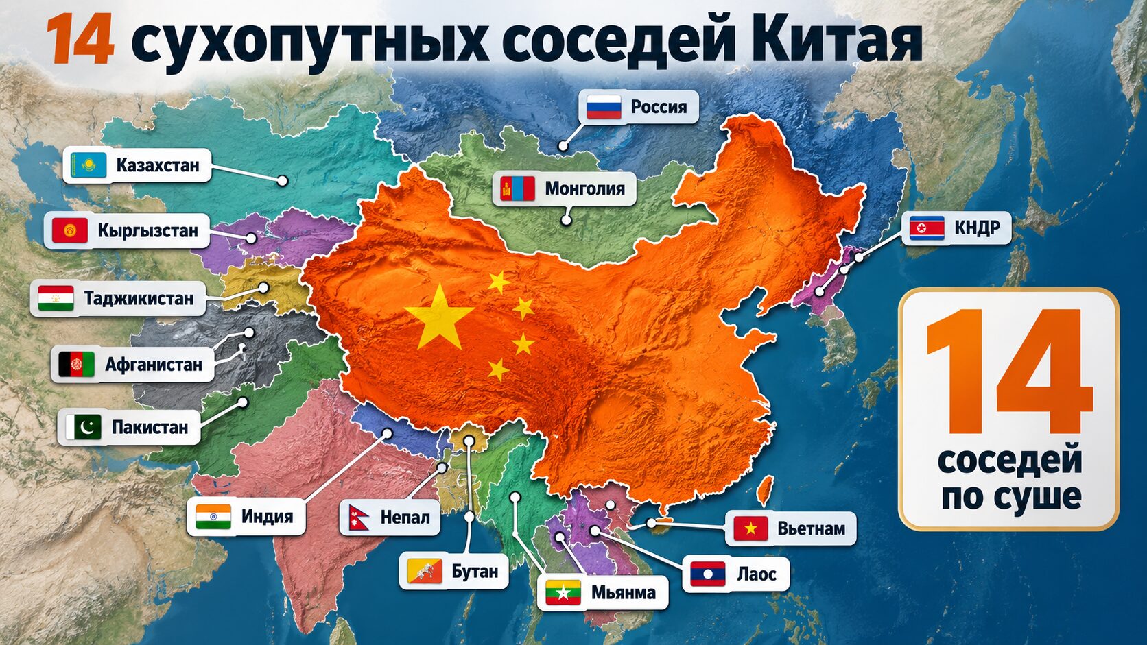 Китай и его 14 сухопутных соседей на карте