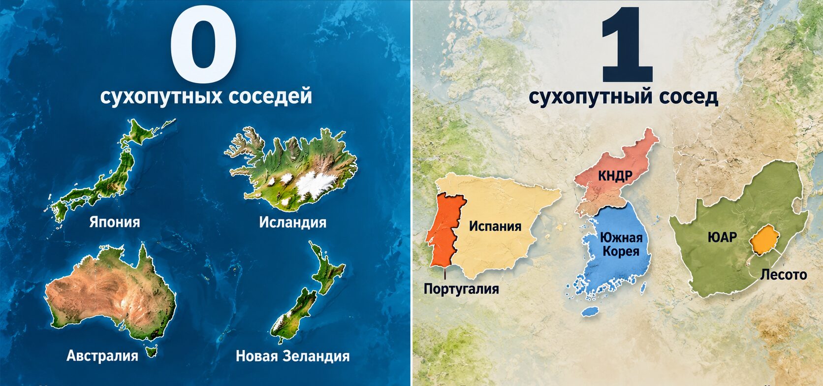 Страны без сухопутных соседей и страны с одним соседом