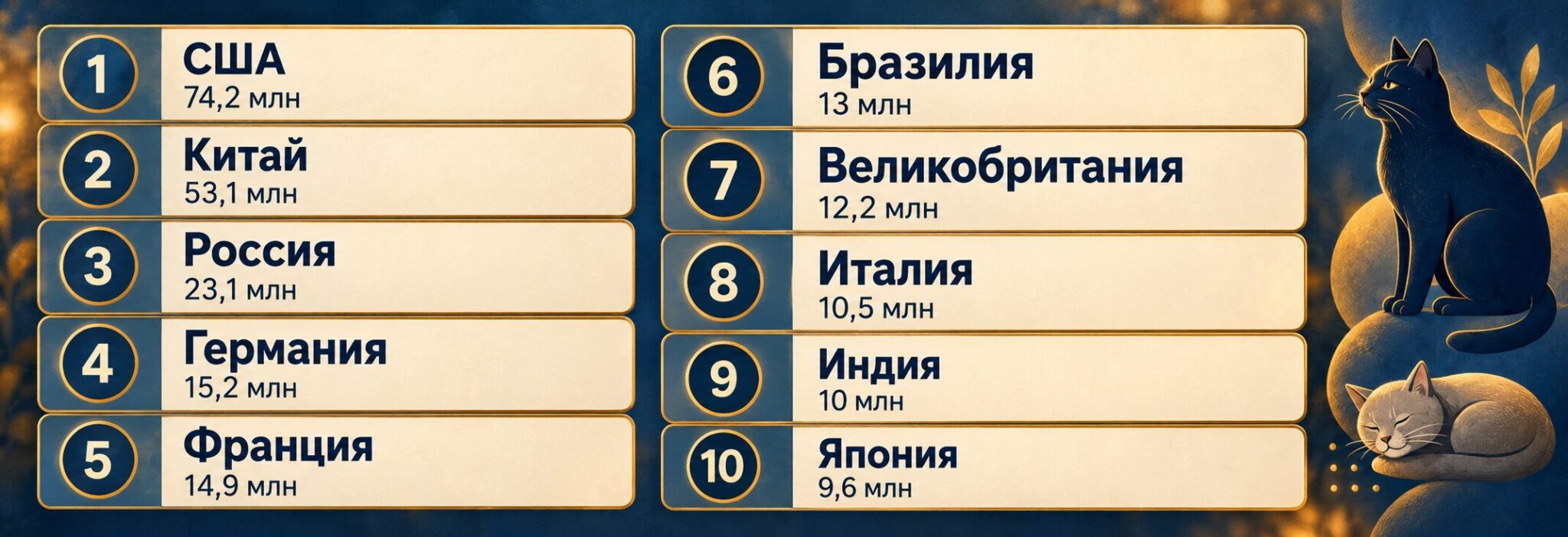Рейтинг стран с наибольшим количеством домашних кошек. Источник: moya-planeta.ru